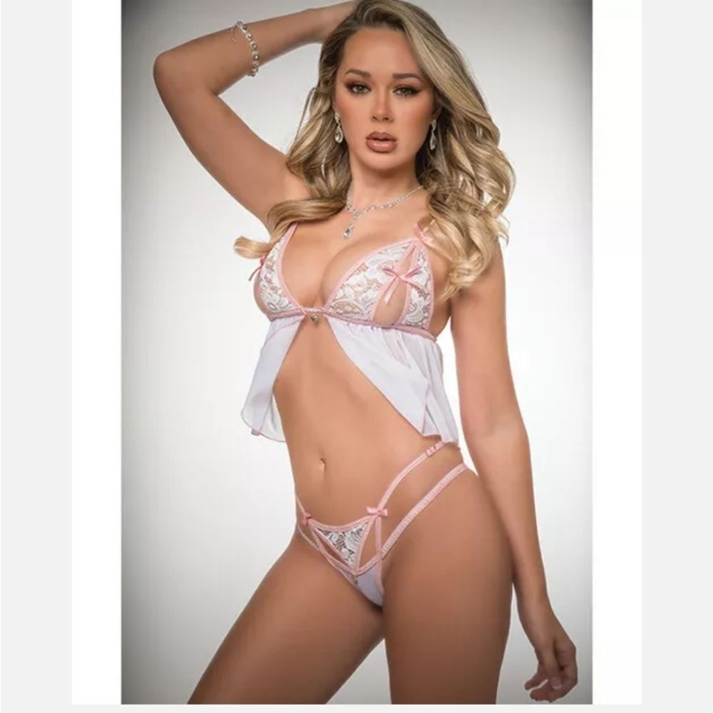 2 Pc Sheer Cropped Babydoll and Panty - One Size - - Millennial White